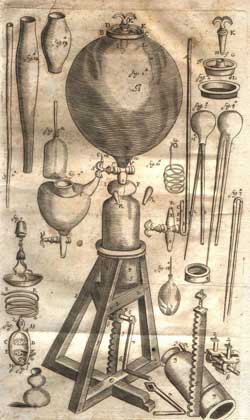 Image of a seventeenth  century engraving of Boyle's famous air-pump